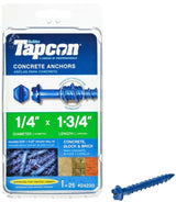 Tapcon 24220 Concrete Screw Anchor, 1/4 in Dia, 1-3/4 in L, Hex Head, Steel, Climaseal, 25/PK
