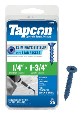 Tapcon 24275 Concrete Screw Anchor, 1/4 in Dia, 1-3/4 in L, Phillips Head, Steel, Climaseal, 25/PK