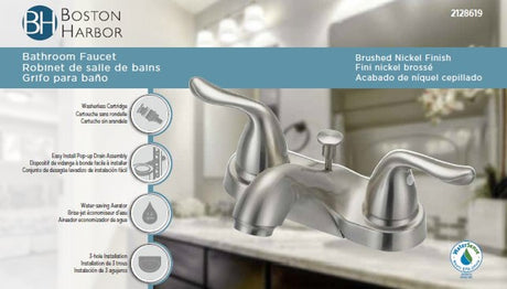 Boston Harbor F5121033NP Lavatory Faucet, 1.2 gpm, 2-Faucet Handle, 3-Faucet Hole, Metal, Brushed Nickel, Lever Handle