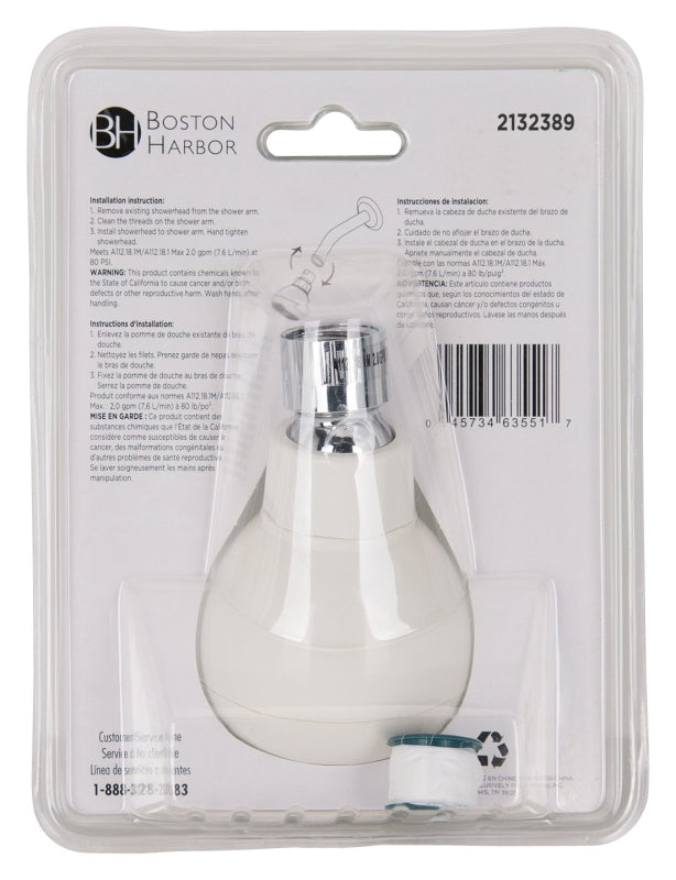 Boston Harbor B11041WH Showerhead, 1.75 gpm, 1/2 in Connection, Threaded, 1-Spray Function, Plastic, White