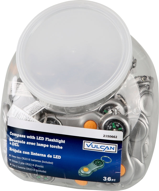 Vulcan 72-237 Key Ring Compass, Key Ring Ring, 7/8 in Dia Ring, Plastic Case, Gray, Pack of 36