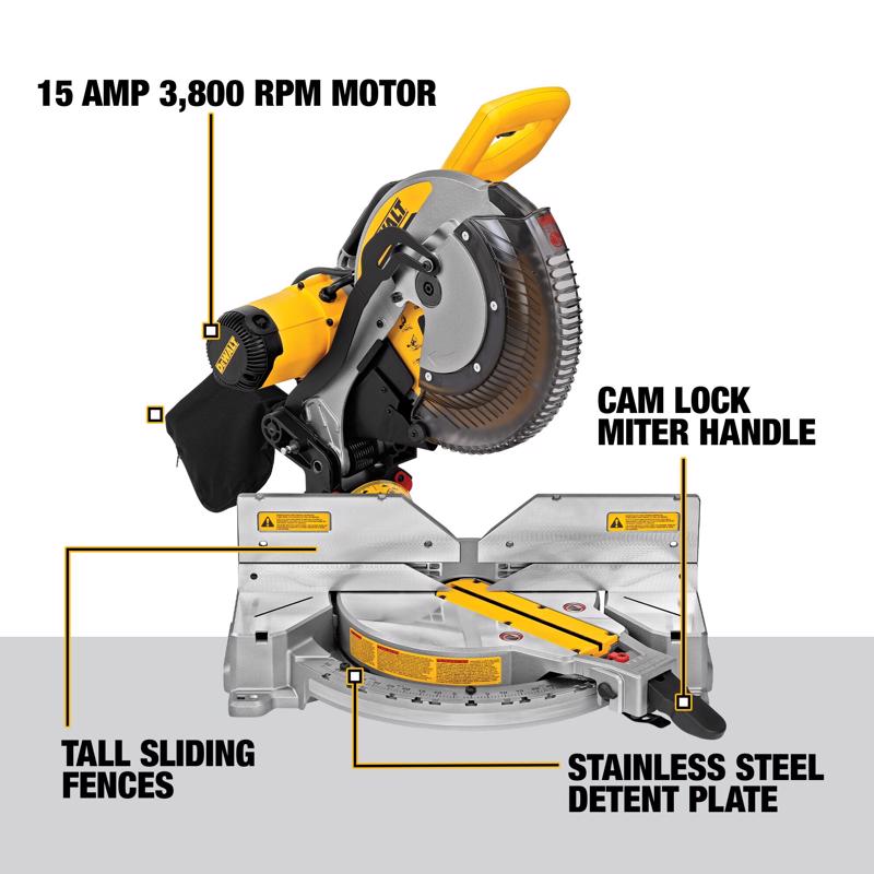 DEWALT DW716 Miter Saw, 12 in Dia Blade, 2 x 8 in 45 deg, 2 x 10 in at 90 deg Cutting Capacity, 3800 rpm Speed