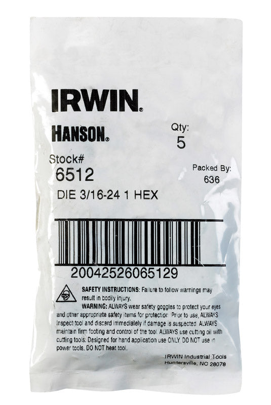 Irwin Hanson High Carbon Steel SAE Hexagon Die 3/16 in. 1 pc, Pack of 5