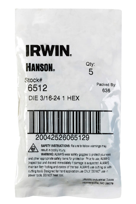 Irwin Hanson High Carbon Steel SAE Hexagon Die 3/16 in. 1 pc, Pack of 5