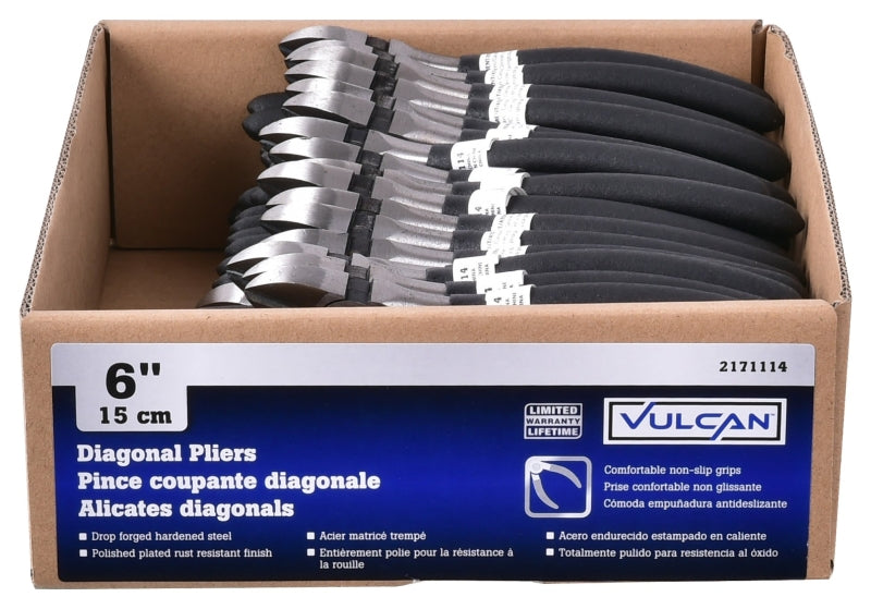 Vulcan PC417-5 Cutting Pliers, 6 in OAL, 1.2 mm Cutting Capacity, 1-1/2 in Jaw Opening, Black Handle, 3/4 in W Jaw, Pack of 40
