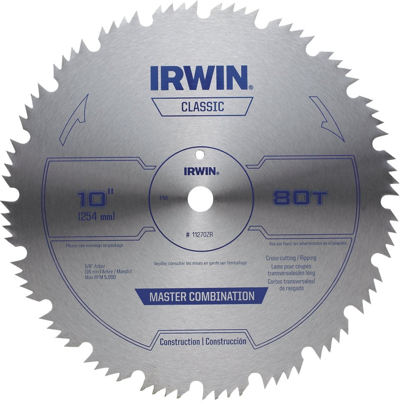 Irwin 11270ZR Circular Saw Blade, 1.6 in Dia, 5/8 in Arbor, 80-Teeth, HCS Cutting Edge, Applicable Materials: Wood