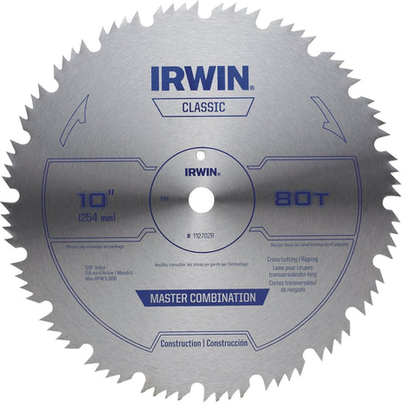 Irwin 11270ZR Circular Saw Blade, 1.6 in Dia, 5/8 in Arbor, 80-Teeth, HCS Cutting Edge, Applicable Materials: Wood