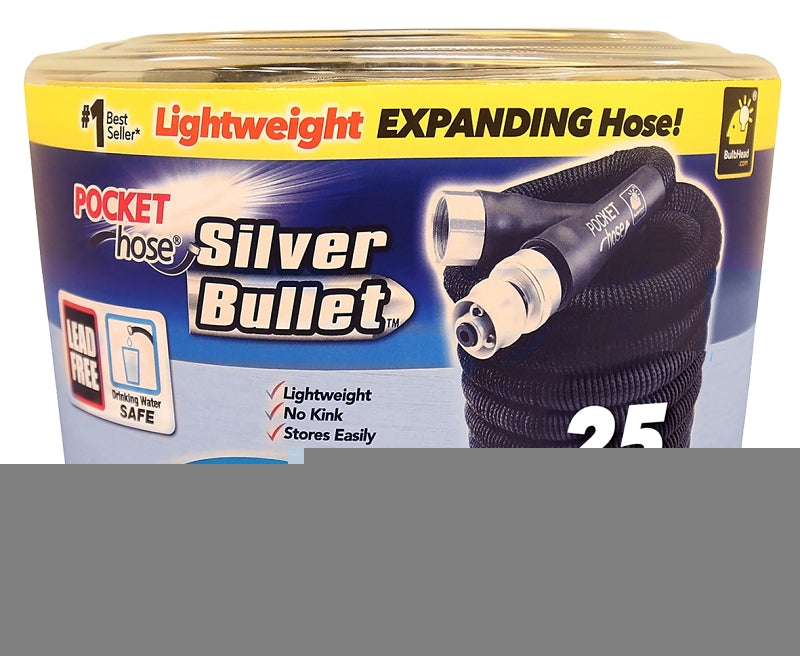 Pocket Hose Silver Bullet 17824-6 Expanding Garden Hose, 3/4 in, 25 ft L, Plastic, Black