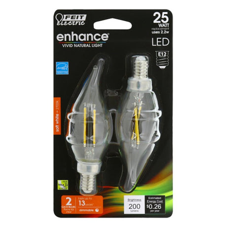 Feit Electric BPCFC25/927/LED/2 LED Bulb, Flame Tip, Flame Tip Lamp, 25 W Equivalent, E12 Candelabra Lamp Base, Dimmable
