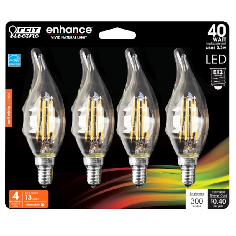 Feit Electric BPCFC40/927CA/FIL LED Bulb, Decorative, Flame Tip Lamp, 40 W Equivalent, E12 Lamp Base, Dimmable, Clear