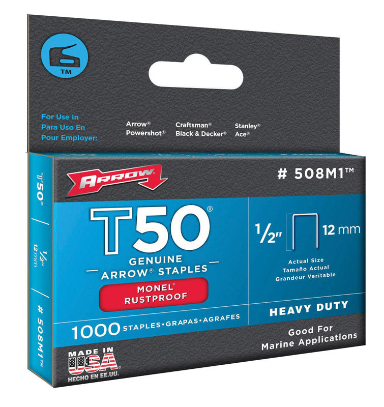 Arrow Monel T50 3/8 in. W X 1/2 in. L 18 Ga. Flat Crown Heavy Duty Staples 1000 pk, Pack of 5