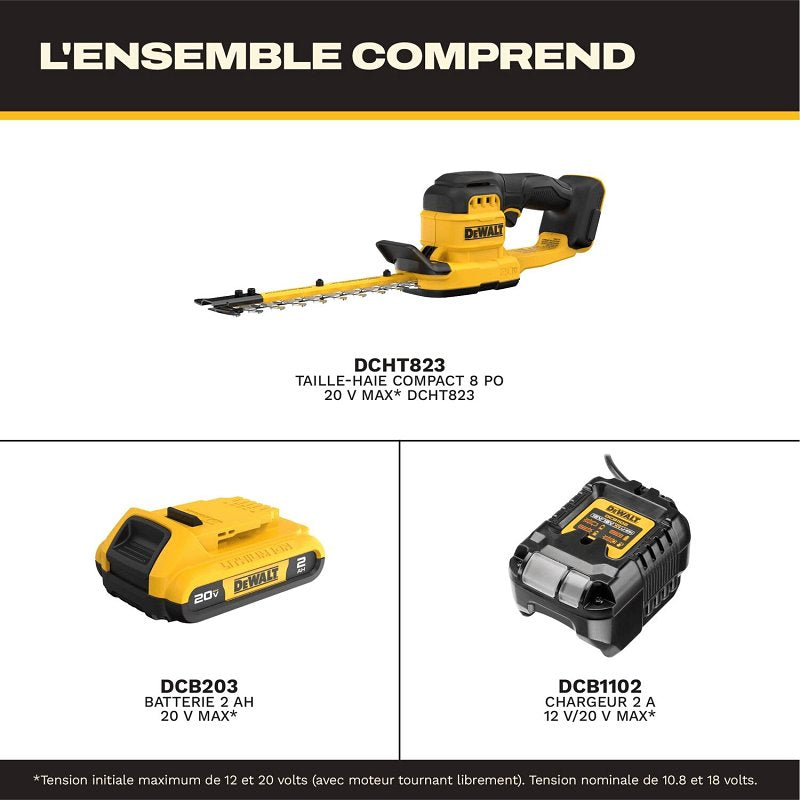DEWALT MAX DCHT823D1 Cordless Compact Hedge Trimmer Kit, Battery Included, 2 Ah, 20 V, Lithium-Ion, 8 in L Blade