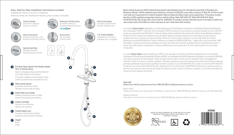 Boston Harbor FP4A0000RW Kitchen Faucet, 1.8 gpm, 1-Faucet Handle, 1, 3-Faucet Hole, Brass/Plastic/Zinc, Deck Mounting