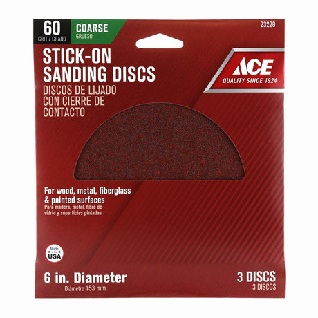 Ace 6 in. Aluminum Oxide Adhesive Sanding Disc 60 Grit Coarse 3 pk, Pack of 5
