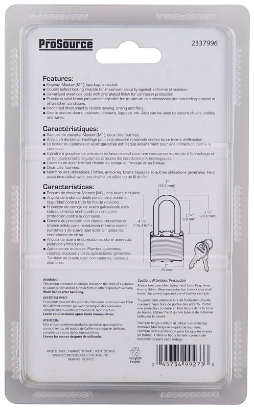 ProSource HD00024L-3L Padlock, Long Shackle, 11/32 in Dia Shackle, 3-1/4 in H Shackle, Steel Shackle, Steel Body