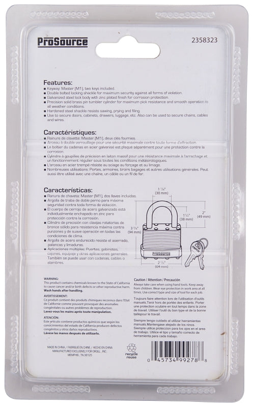 ProSource HD00030-3L Padlock, Standard Shackle, 7/16 in Dia Shackle, 2 in H Shackle, Steel Shackle, Steel Body