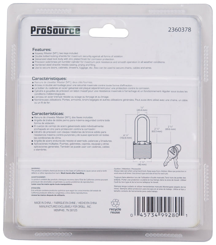 ProSource HD00020L-D-3L2 Padlock Set, Standard Shackle, 1/4 in Dia Shackle, 2-3/4 in H Shackle, Steel Shackle