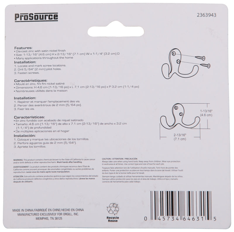 ProSource 23263SNB3L-PS Coat and Hat Hook, 22 lb, 2-Hook, 7/8 in Opening, Zinc, Satin Nickel