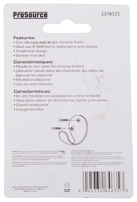 ProSource H63CH-PS Coat and Hat Hook, 22 lb, 1-Hook, 1-1/8 in Opening, Zinc, Chrome