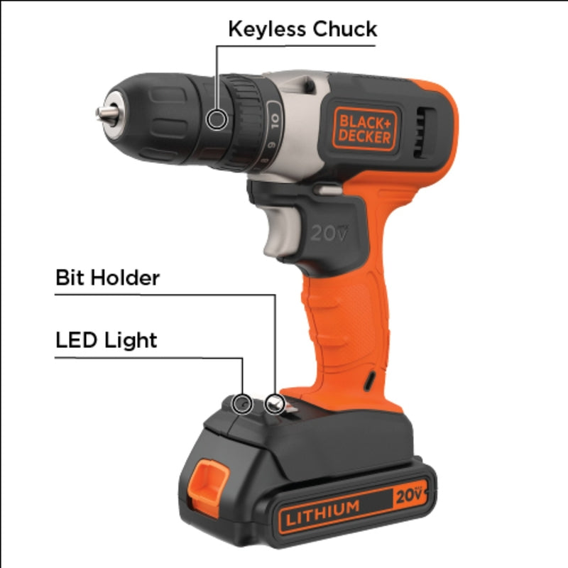 Black+Decker 20V MAX 3/8 in. Brushed Cordless Drill/Driver Kit (Battery & Charger), Pack of 2