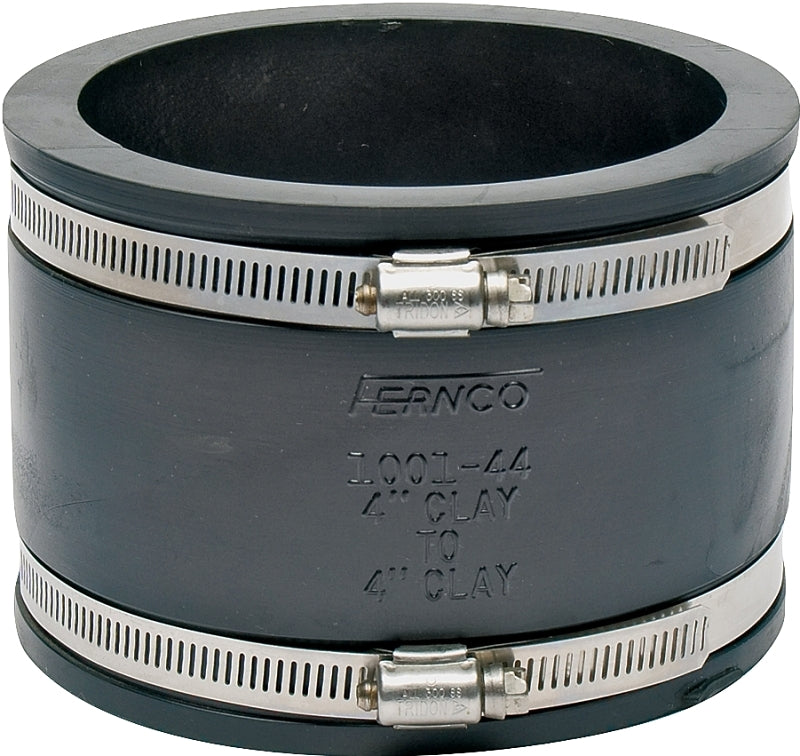 Fernco P1001-44 Flexible Coupling, 4 x 4 in, Clay x Clay, PVC, 4.3 psi Pressure