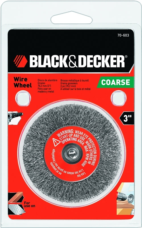 Black+Decker 70-603 Wire Wheel Brush, 3 in Dia, 10-32 in Arbor/Shank, Steel Bristle, Pack of 2
