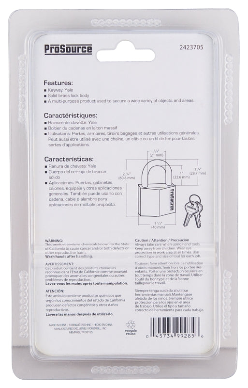 ProSource HD10040-3L Padlock, Standard Shackle, 1/4 in Dia Shackle, 1-1/4 in H Shackle, Steel Shackle, Brass Body