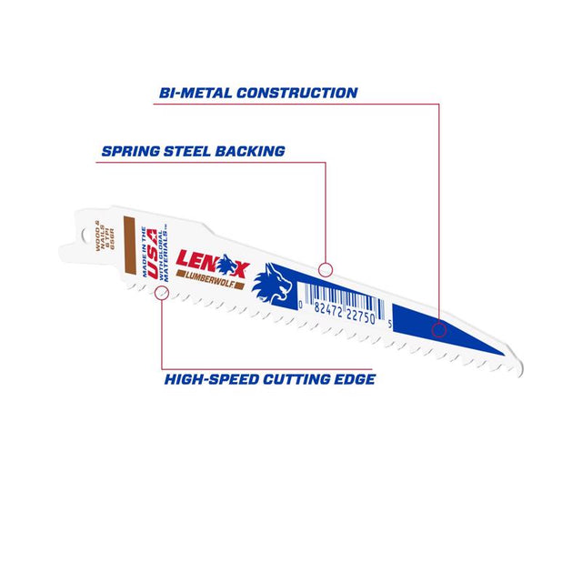 Lenox LUMBERWOLF 6 in. Bi-Metal Reciprocating Saw Blade 6 TPI 1 blade, Pack of 50