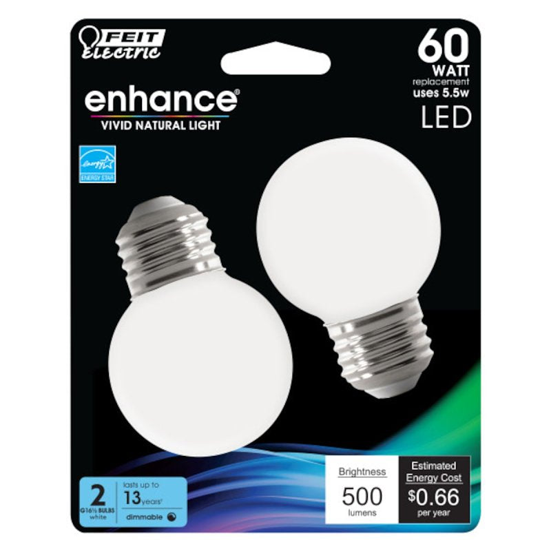 Feit Electric BPGM60W/950CA/FIL/2 Globe LED Bulb, Globe, G16-1/2 Lamp, 60 W Equivalent, E26 Lamp Base, Dimmable, Pack of 6