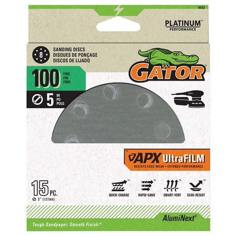 Gator 9022 Sanding Disc, 5 in Dia, Coated, 100 Grit, Medium, Aluminum Oxide Abrasive, Film Backing, 8-Hole