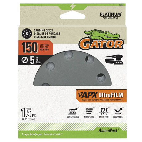 Gator 9024 Sanding Disc, 5 in Dia, 180 Grit, Extra Fine, Aluminum Oxide Abrasive, Film Backing, 8-Hole