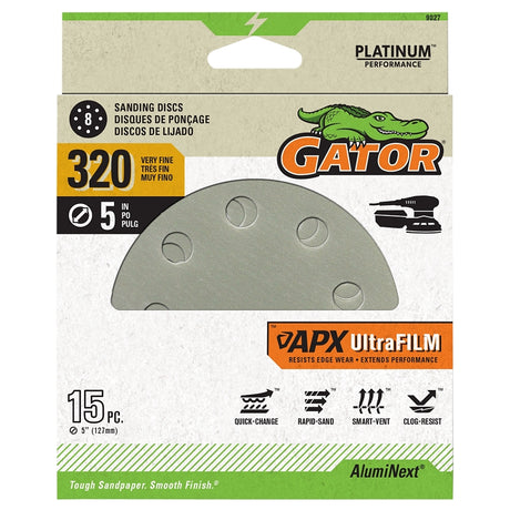Gator 9027 Sanding Disc, 5 in Dia, 320 Grit, Aluminum Oxide Abrasive, Film Backing, 8-Hole