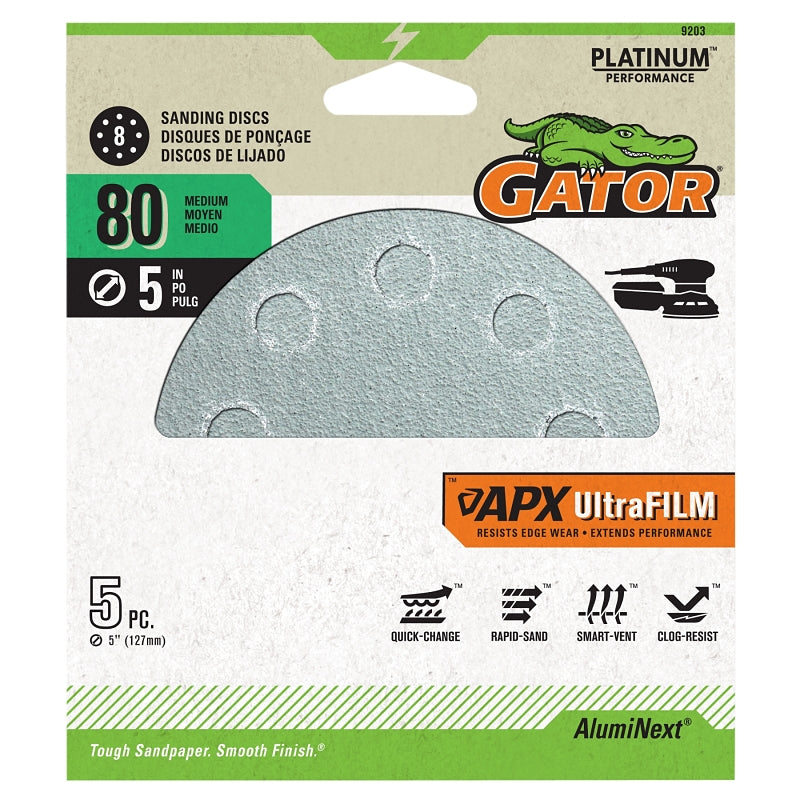 Gator 9203 Sanding Disc, 5 in Dia, 80 Grit, Medium, Ceramic Alumina Abrasive, Ultra Film Backing