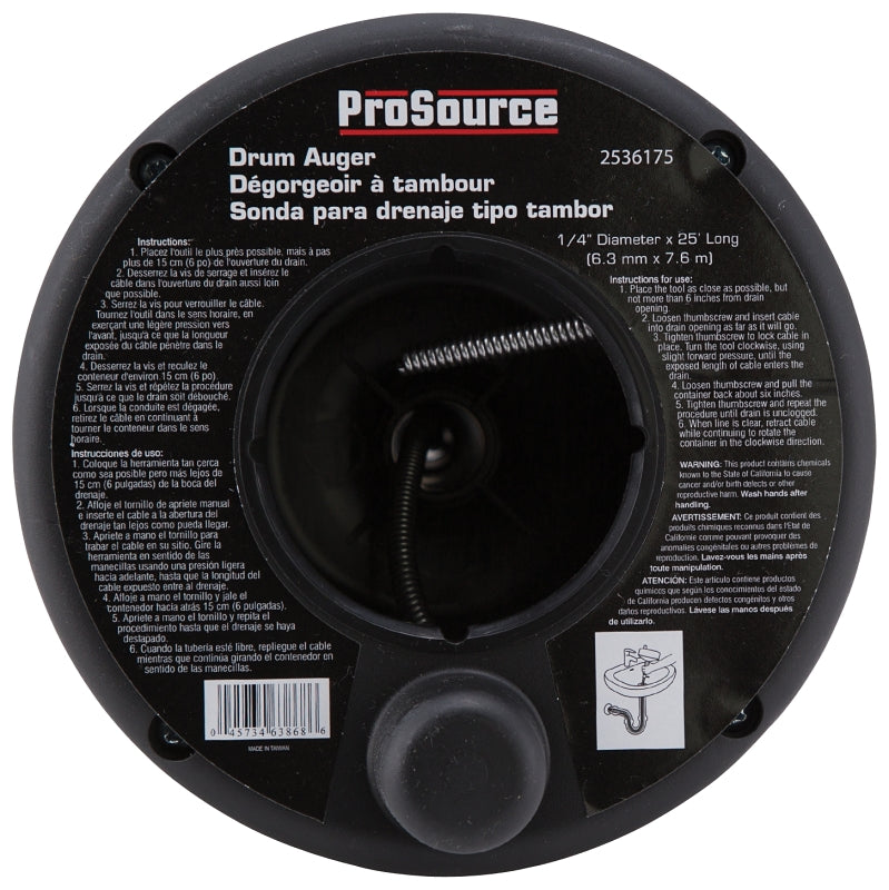 ProSource DA00003-25 Drum Auger, 1/4 in Dia Cable, 25 ft L Cable