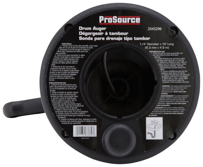 ProSource DA00003P-15 Drum Auger, 1/4 in Dia Cable, 15 ft L Cable