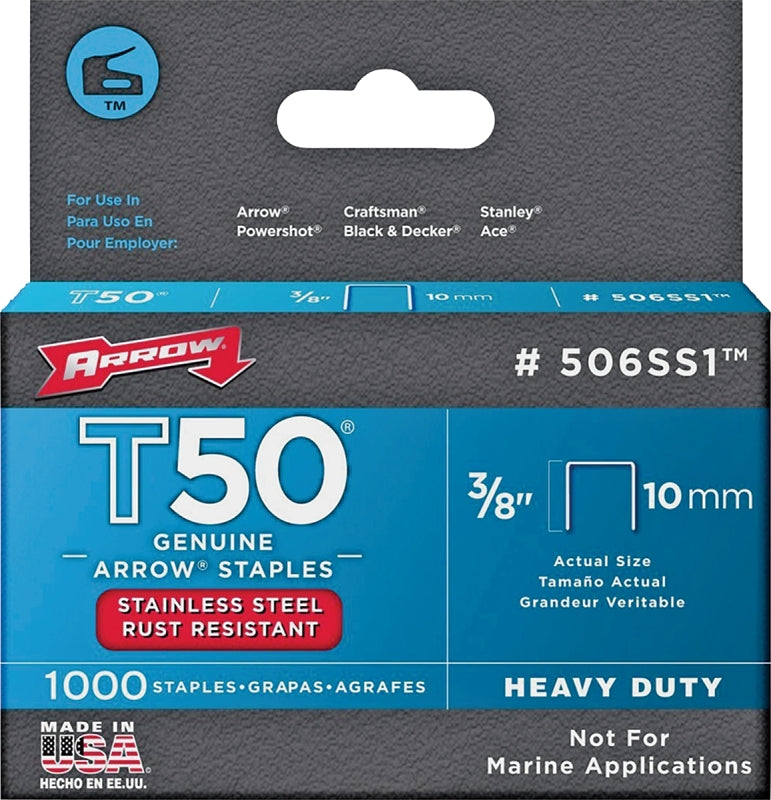 Arrow T50 Series 506SS1 Staple, 3/8 in W Crown, 3/8 in L Leg, Pack of 5