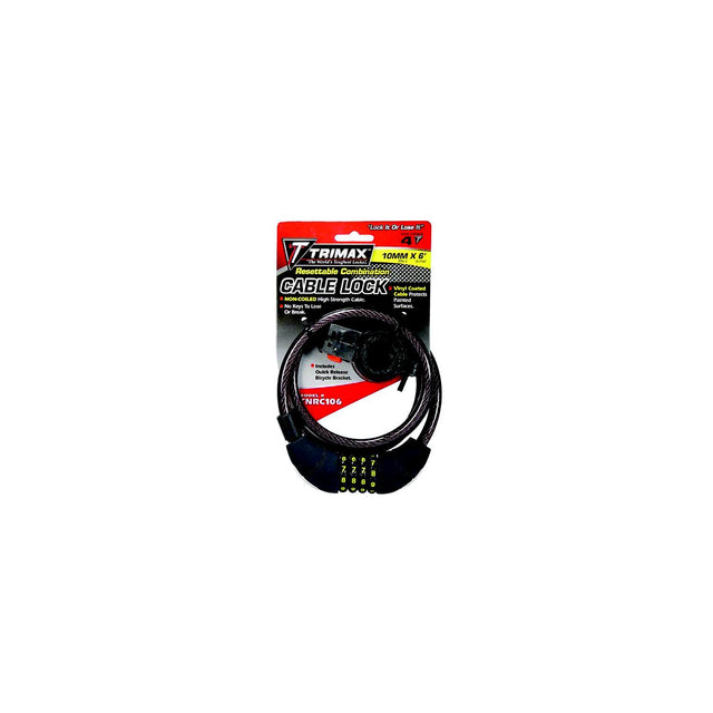 Trimax TNRC106 Trimaflex Non-Coiled Resettable Combination Cable Lock, 6' x 10mm