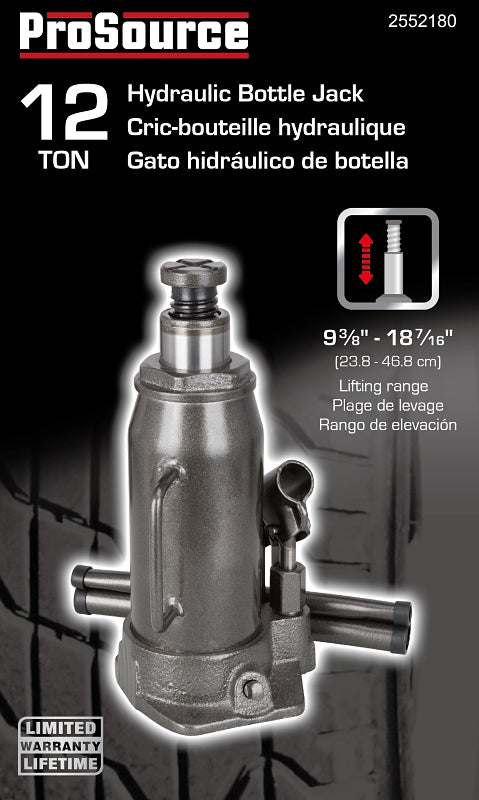ProSource T010712 Hydraulic Bottle Jack, 12 ton, 9-3/8 to 18-7/16 in Lift, Steel, Gray