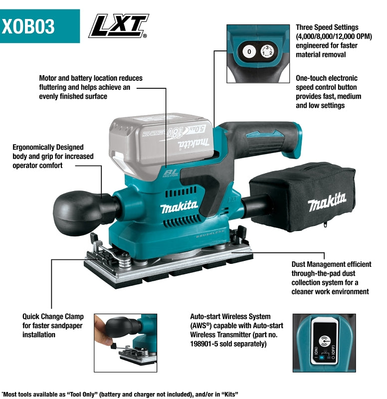 Makita LXT Series XOB03Z Brushless Finishing Sander, Tool Only, 18 V, 1/3 Sheet