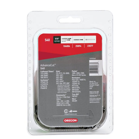 Oregon S40 Chainsaw Chain, 10 in L Bar, 3/8 in TPI/Pitch, 40-Link