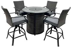 Seasonal Trends SH23S0880P Willow Creek Patio Bar Set w/Firepit Table, Cushion/Steel/Tile/Wicker, Charcoal/Gray
