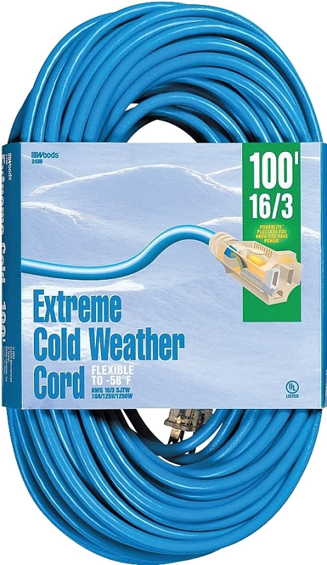 Woods 2436 Extension Cord, 16 AWG Cable, 100 ft L, 10 A, 125 V, Bright Blue