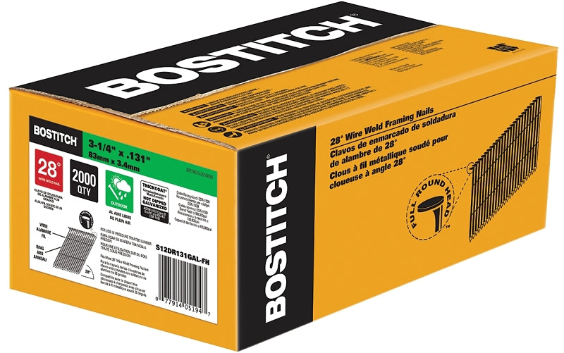 Bostitch S Series Series S12DR131GAL-FH Framing Nail, 3-1/4 in L, Hot Dipped Galvanized, Full Round Head, Ring Shank