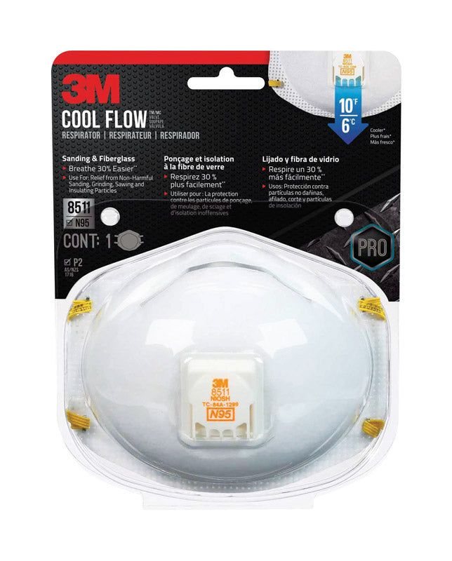 3M Cool Flow N95 Sanding and Fiberglass Cup Disposable Respirator Pro-Series Valved White 1 pk, Pack of 12