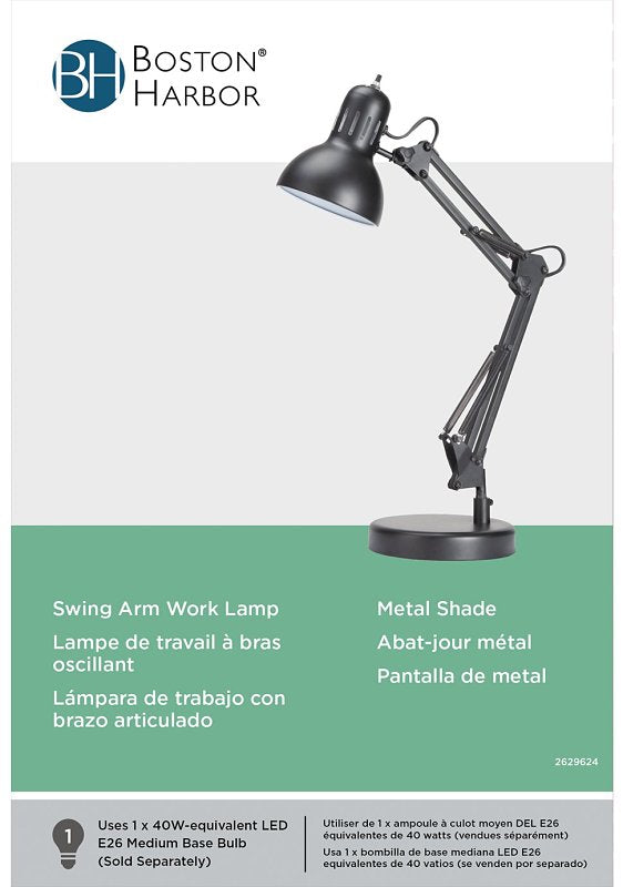 Boston Harbor TL-WK-134E-BK-3L Swing Arm Work Lamp, 120 V, 60 W, 1-Lamp, CFL Lamp, Black