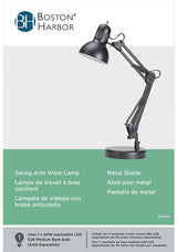 Boston Harbor TL-WK-134E-BK-3L Swing Arm Work Lamp, 120 V, 60 W, 1-Lamp, CFL Lamp, Black