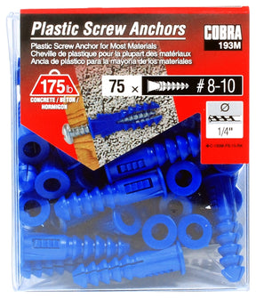 Cobra Anchors 193M Screw Anchor, 1-1/4 in L, Plastic, 175 lb, 75/PK
