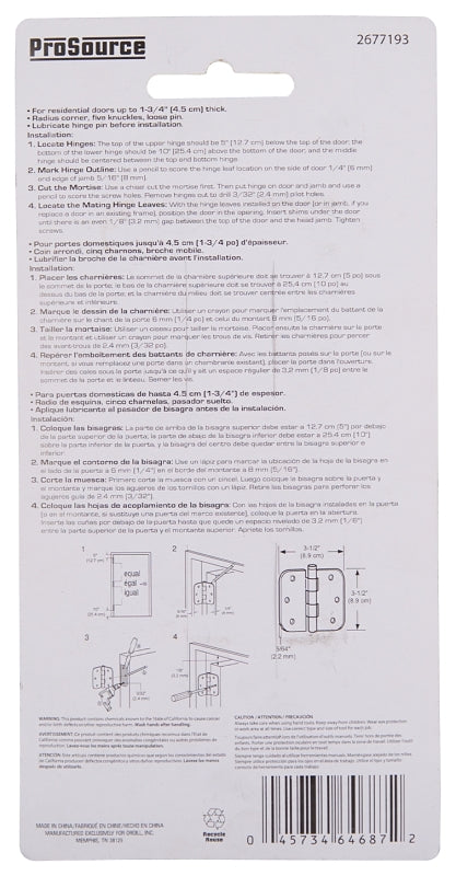 ProSource BH-102CH-PS Door Hinge, Steel, Chrome, Loose Pin, 180 deg Range of Motion, Screw Mounting