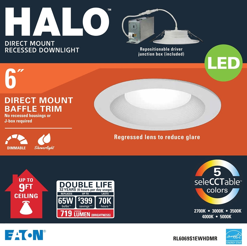 Halo RL Series RL6069FSD2W1EWH Downlight, 7.5 W, 120 V, Aluminum, White, Matte