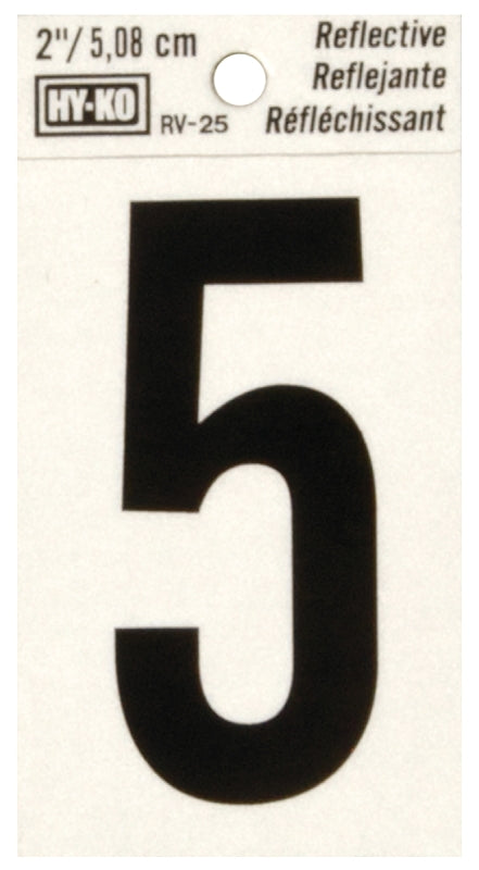 Hy-Ko RV-25/5 Reflective Sign, Character: 5, 2 in H Character, Black Character, Silver Background, Vinyl, Pack of 10